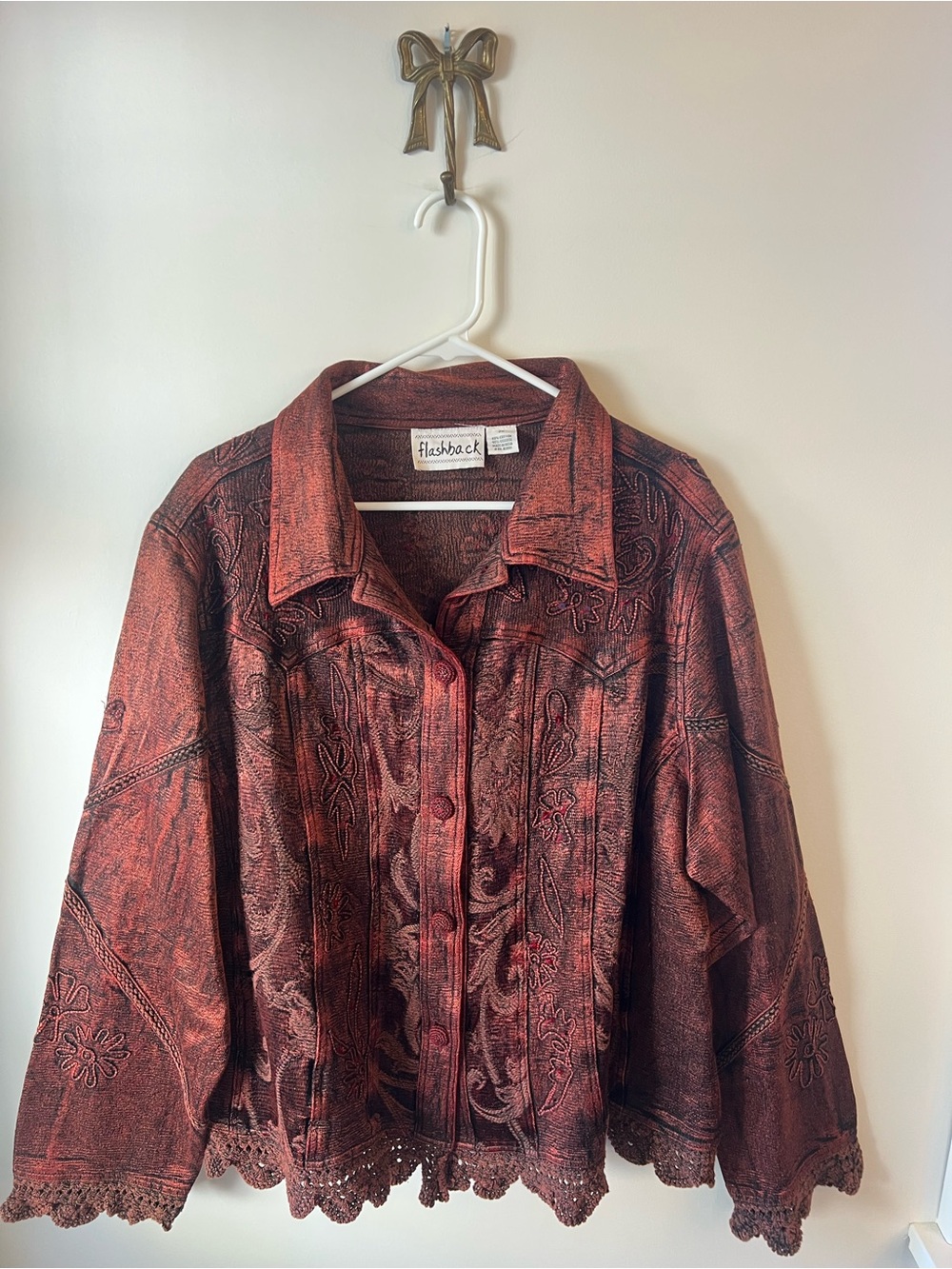 VTG Flashback Embroidered Boho Jacket Rust Brown Crochet Scalloped Hem Floral 2X